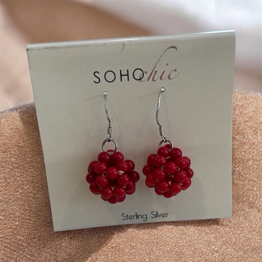 Sterling silver Red cluster pearl earrings